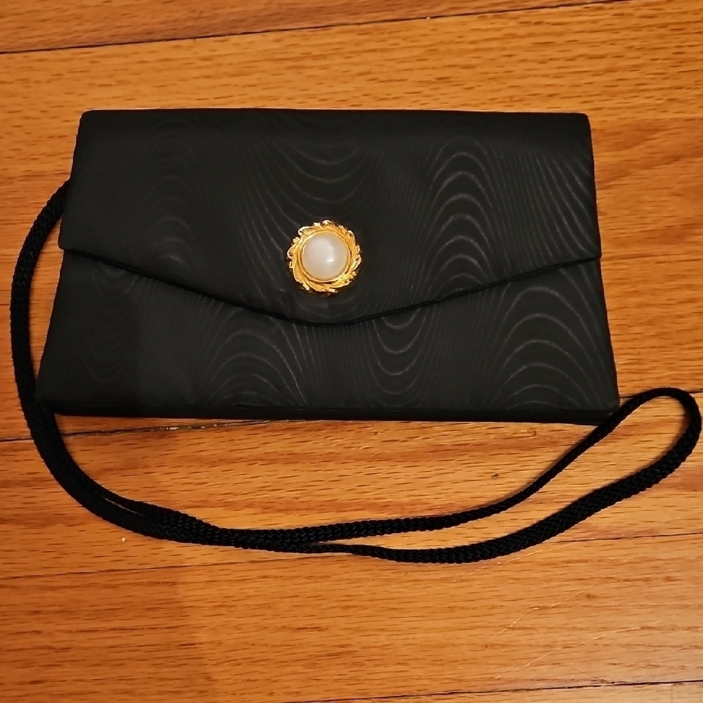 Carla Marchi Black Clutch Bag, gold & pearlescent jewel on front, snap closure